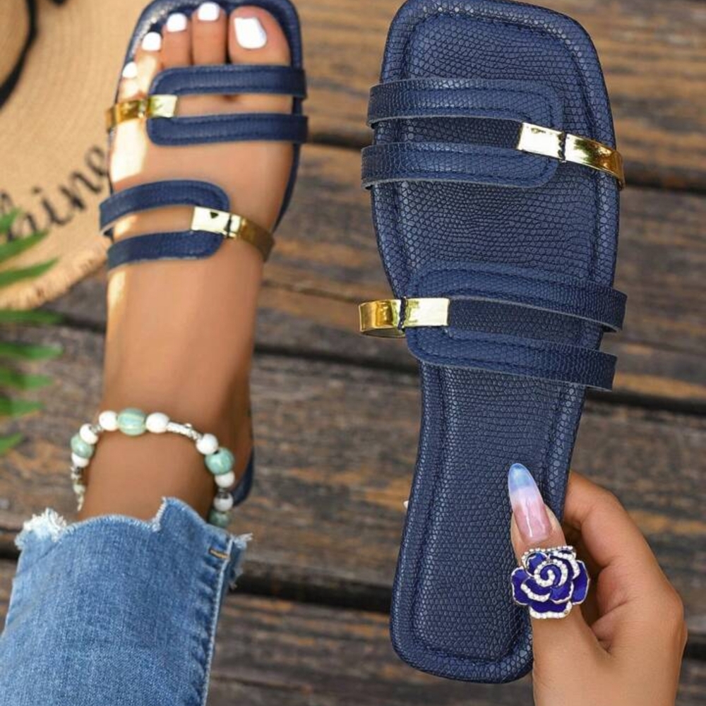 Elegant Navy Blue Sandals with Gold Accents